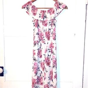 Pink Flower Print Ruffled Off Shoulder Maxi Dress Under Shorts Size 10